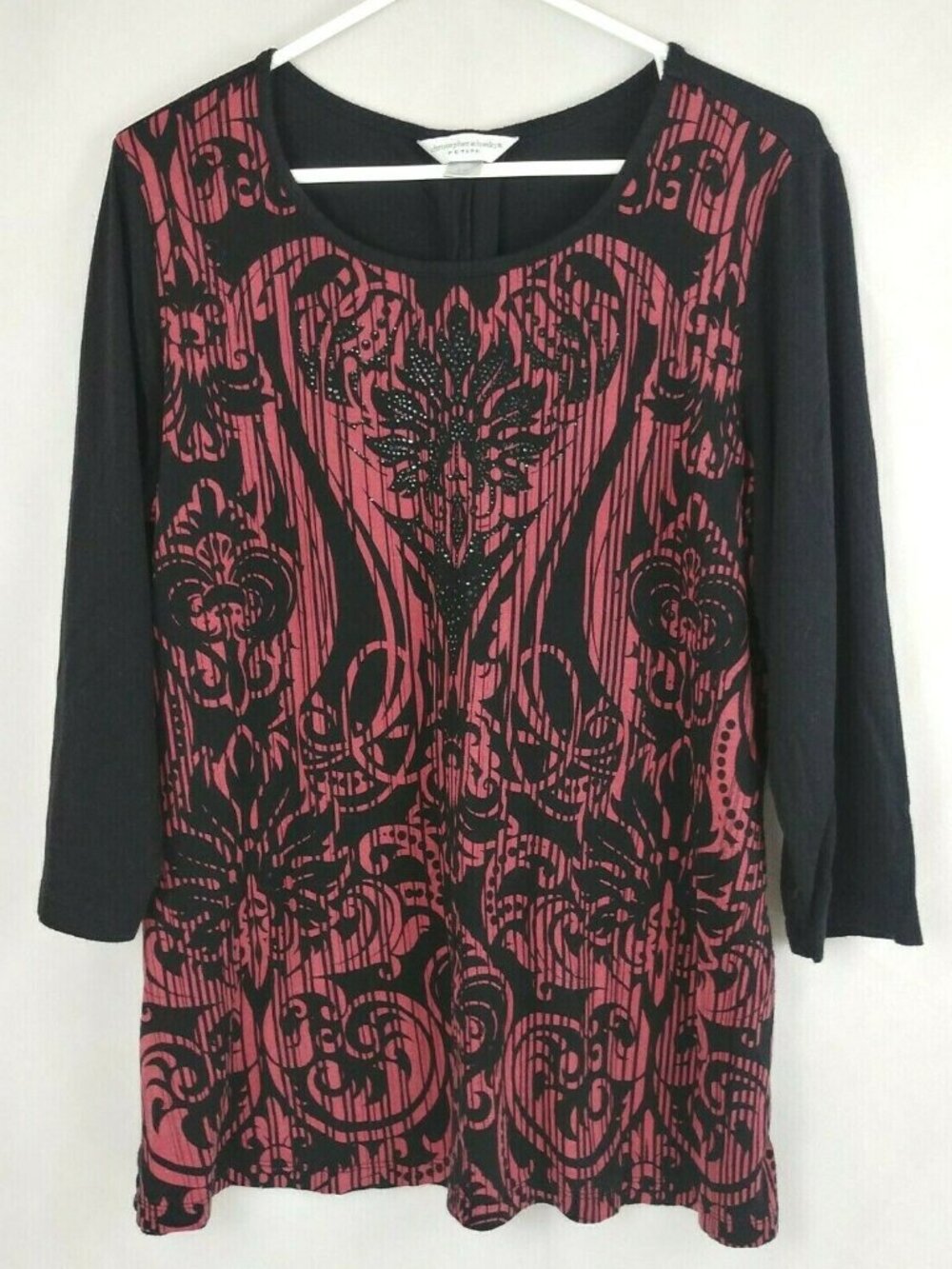 Christopher & Banks Petite Womens 3/4 Sleeve Black & Pink Beaded Blouse Size PXL